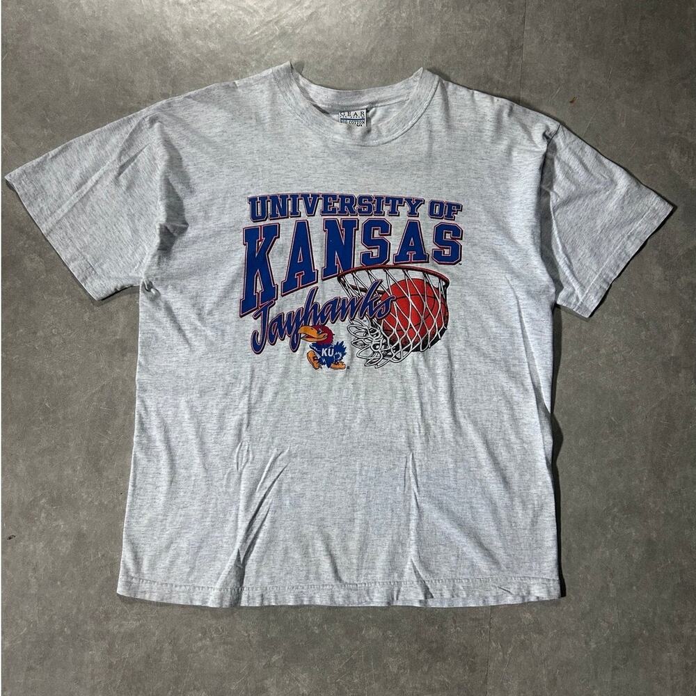 90's Vintage Kansas Jayhawk Basketball Heather Grey T-Shirt -XL